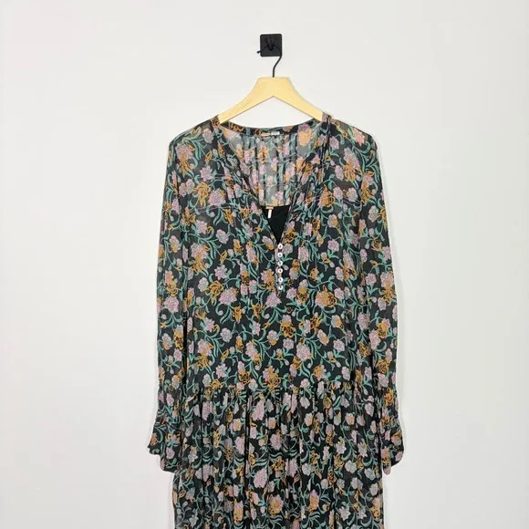 Free People See it Through Maxi Black Combo Large Long Sleeve Boho Flowy Tiered - Picture 3 of 11